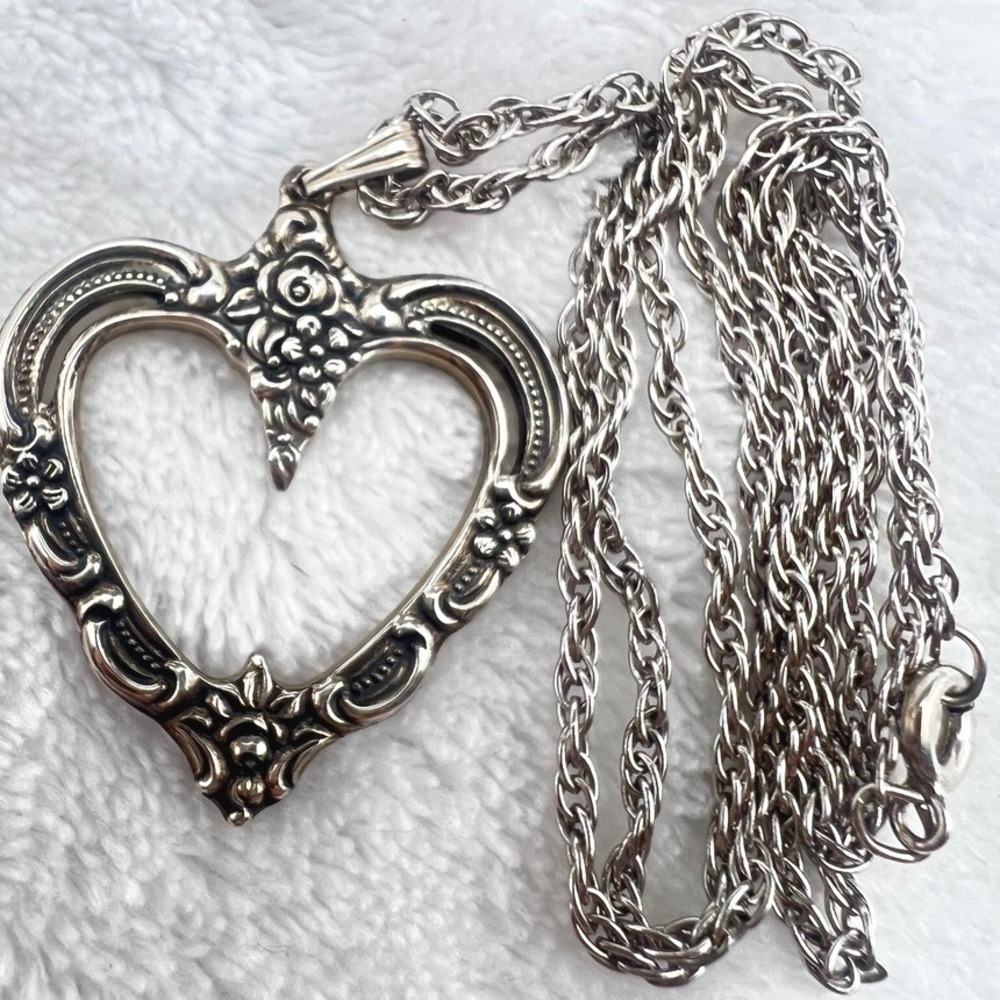 Vintage 1976 Sterling Silver Towle Necklace Heart Open Ornate Oxidized Box Chain